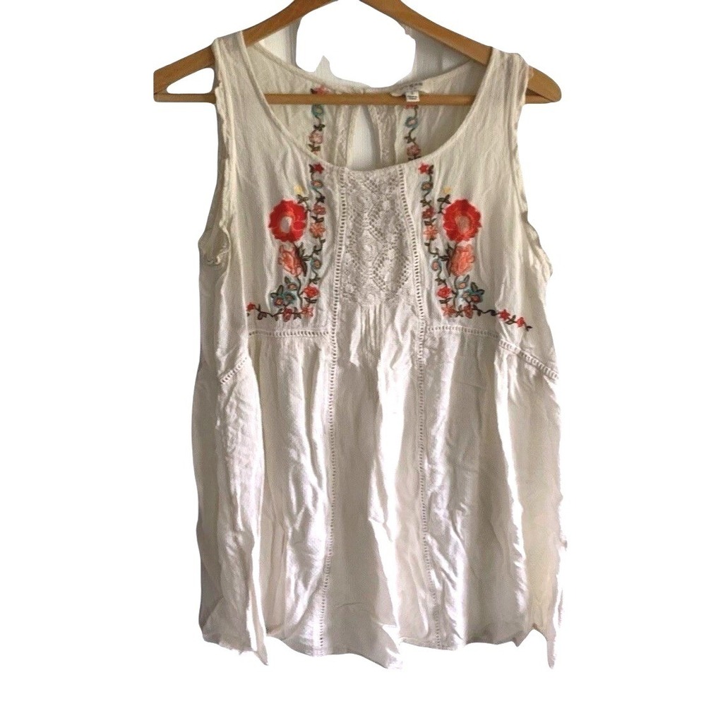Umgee Sleeveless Top Small White Floral Embroidered Lace Swiss Dot Babydoll